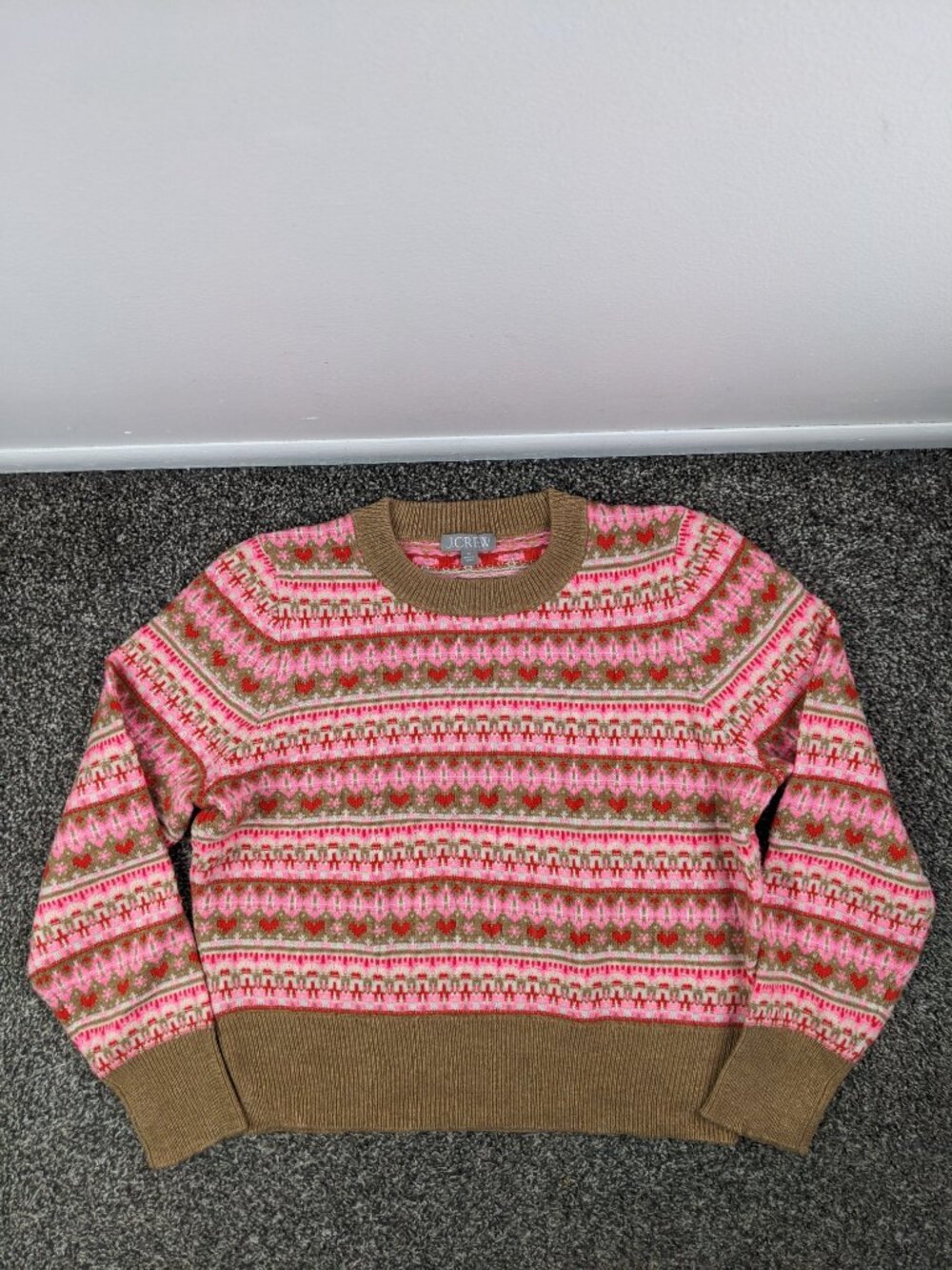 2023 J Crew Sweater Lambswool "Shrunken" Fair Isle Hearts Pullover Womens Medium